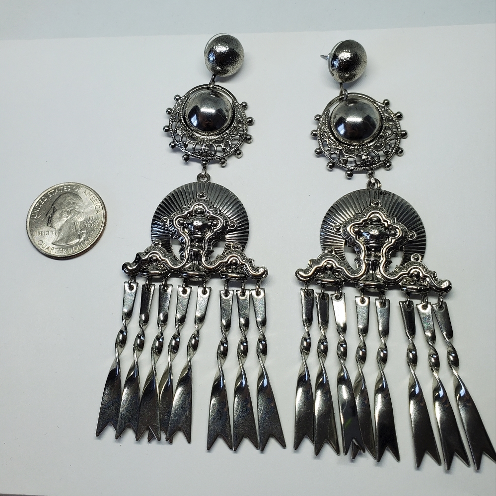 Elizabeth Cole Huge Silver Tone Ornate Statement Dangle Earrings - Picture 6 of 6